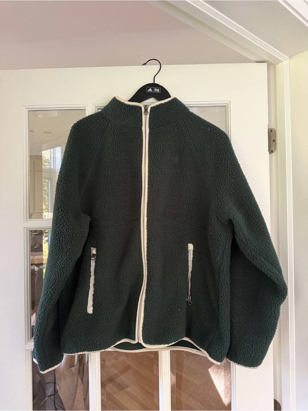 Dark Green Sherpa Full-Zip Jacket with Cream Trim